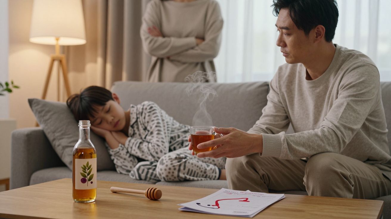 Criança doente de pijama deitada no sofá, adulto sentado com chá quente, mulher ao fundo de braços cruzados.