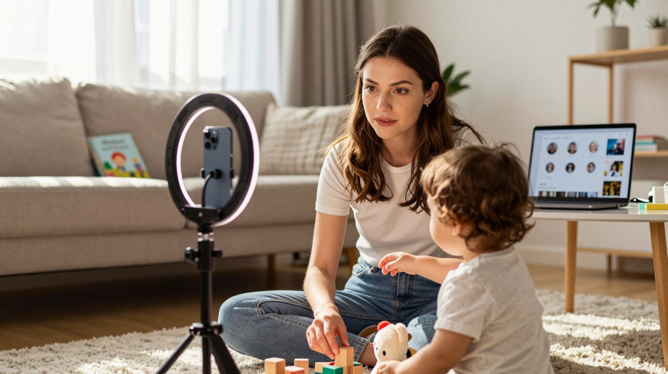 Mulher grava vídeo com luz de anel enquanto criança brinca com blocos num sala de estar iluminada.