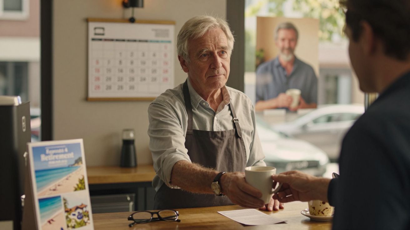 Idoso com avental serve café a cliente num café acolhedor com calendário e cartaz na parede.
