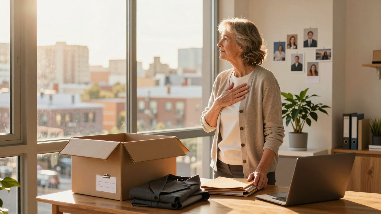 Mulher madura a olhar pela janela, com a mão no peito, em escritório com caixa e laptop numa mesa.
