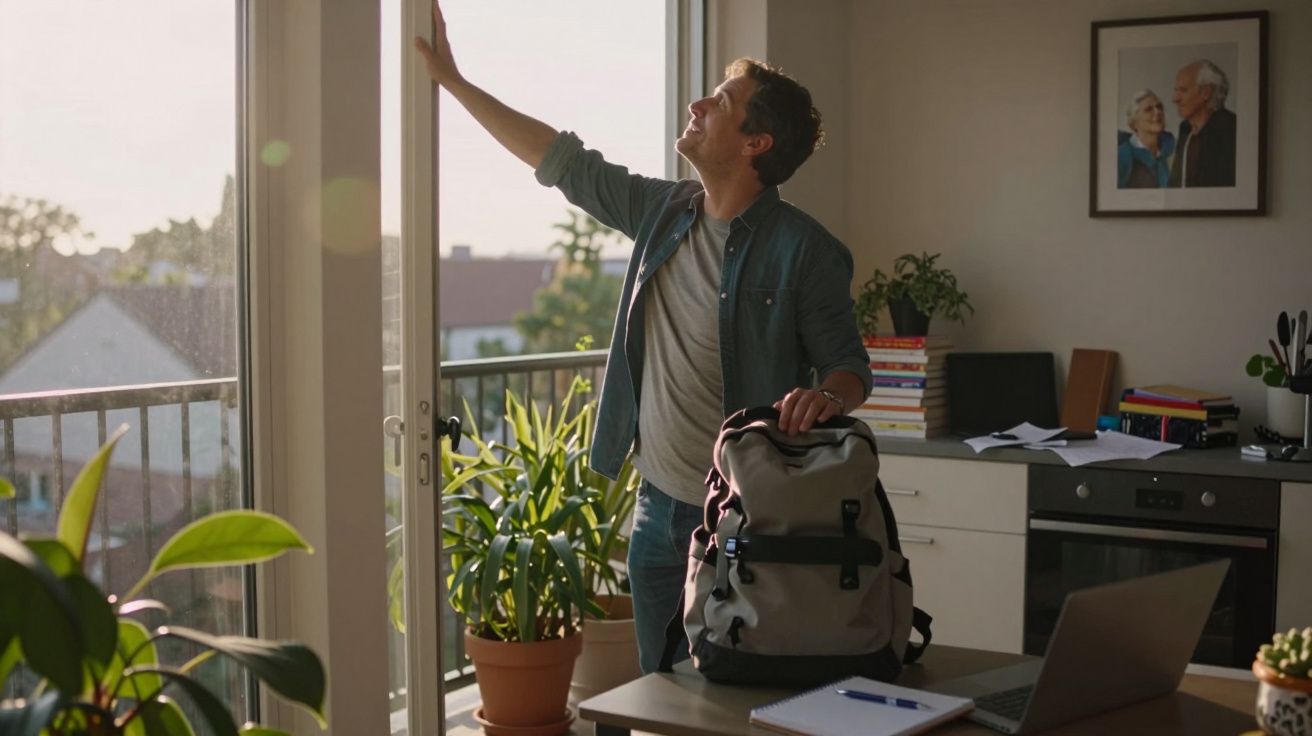 Homem abre janela em sala com plantas, mochila e computador portátil numa mesa.