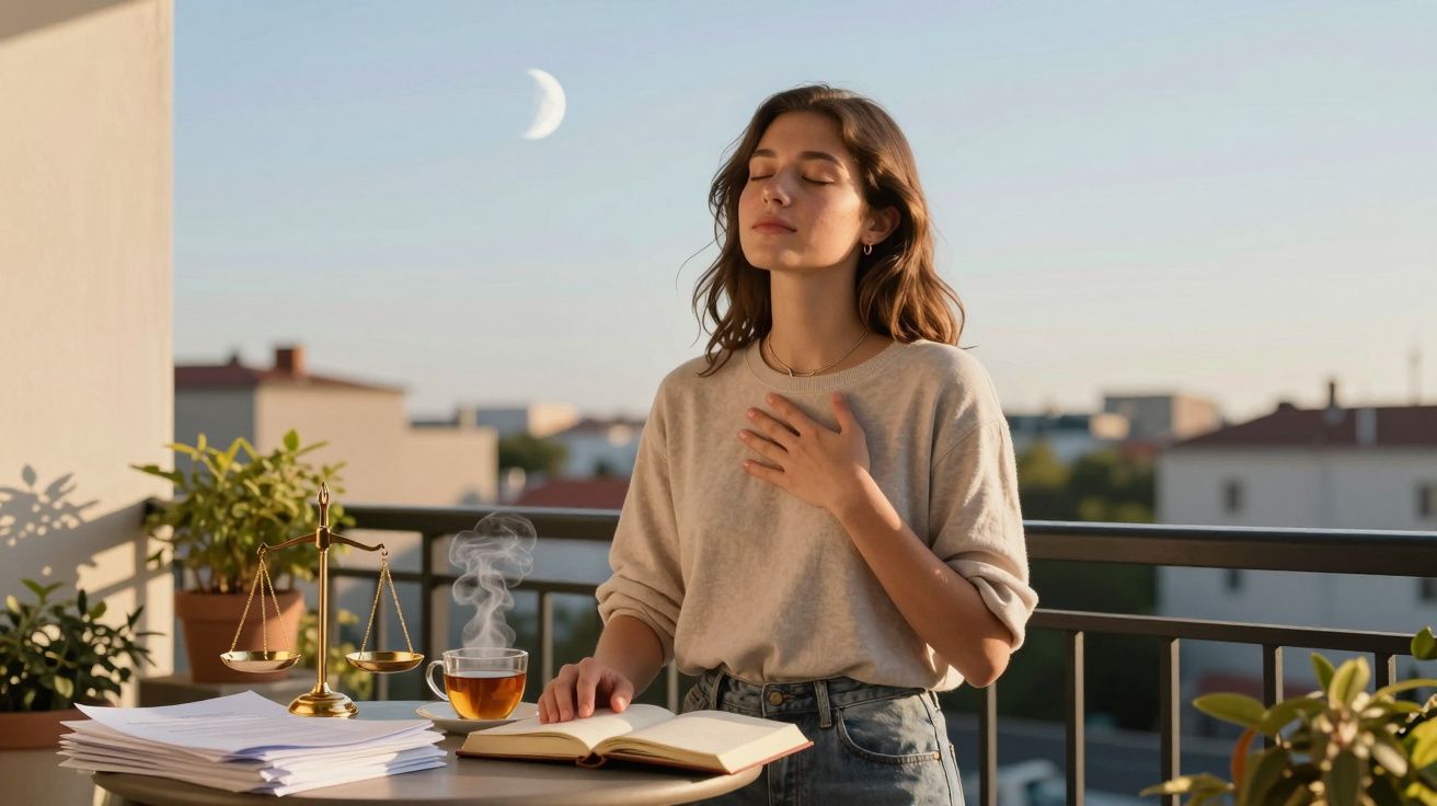Mulher jovem de olhos fechados a respirar fundo numa varanda com chá, livros e balanças ao entardecer.