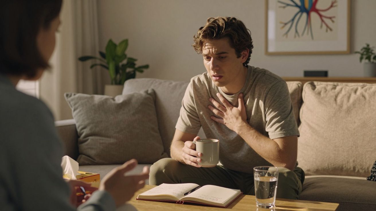 Homem sentado no sofá com expressão preocupada, segurando uma chávena e a tocar o peito.