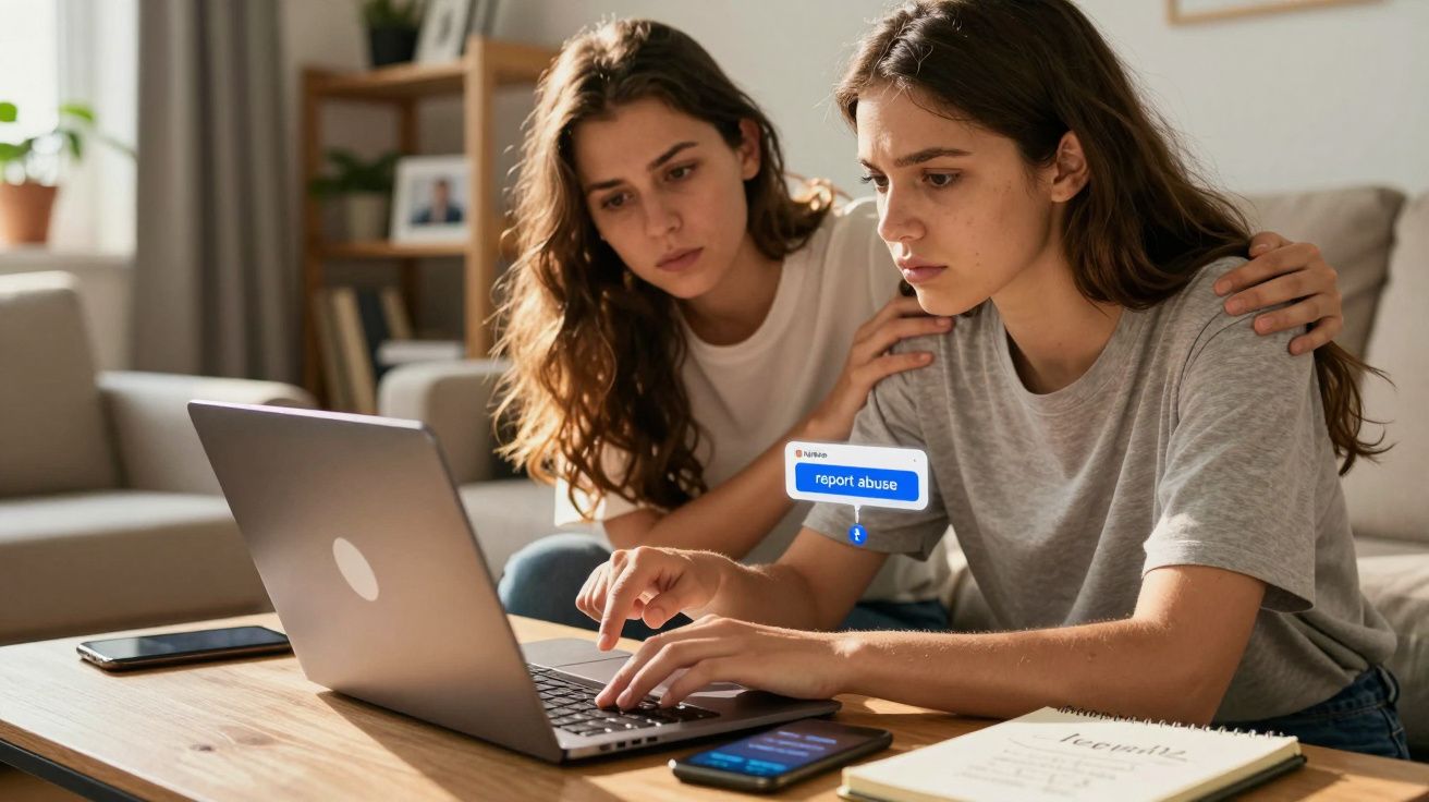 Duas jovens preocupadas a usar um computador portátil, com uma mensagem sobre denunciar abusos visível no ecrã.