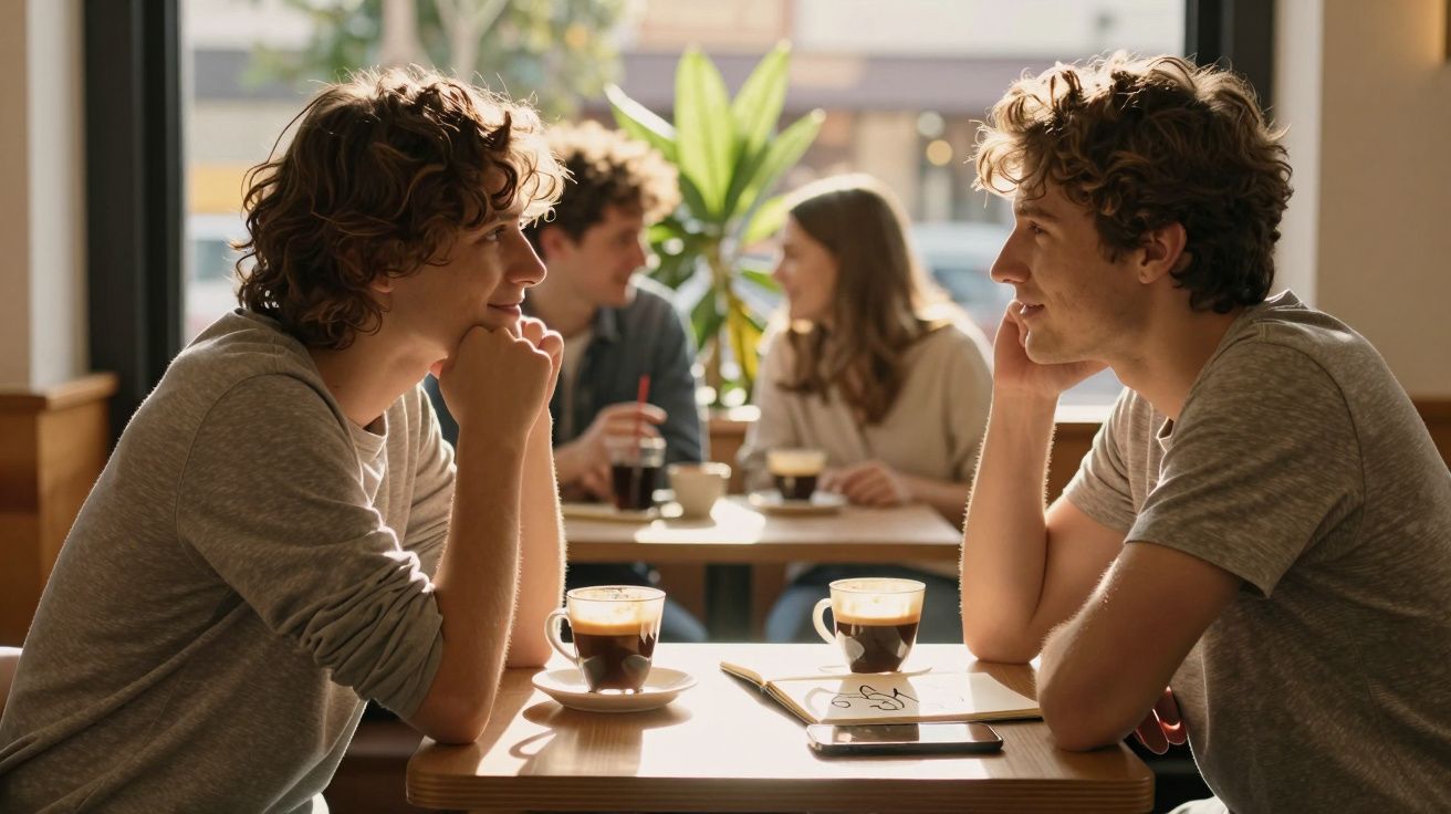 Duas pessoas com camisas cinzentas sentadas à mesa de café a conversarem, duas bebidas e um telemóvel na mesa.