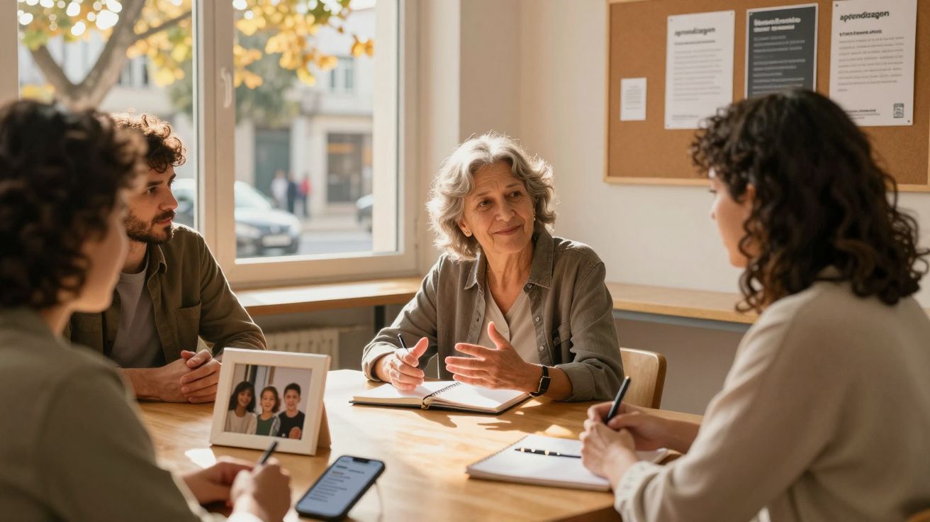 Grupo de quatro adultos em reunião informal numa sala iluminada a discutir e tomar notas.