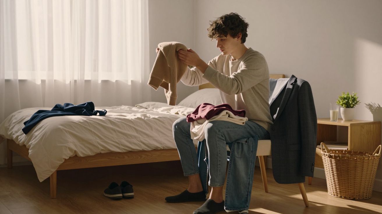 Homem sentado num quarto a organizar roupa, com cama, sapatos e cesto de roupa ao lado.