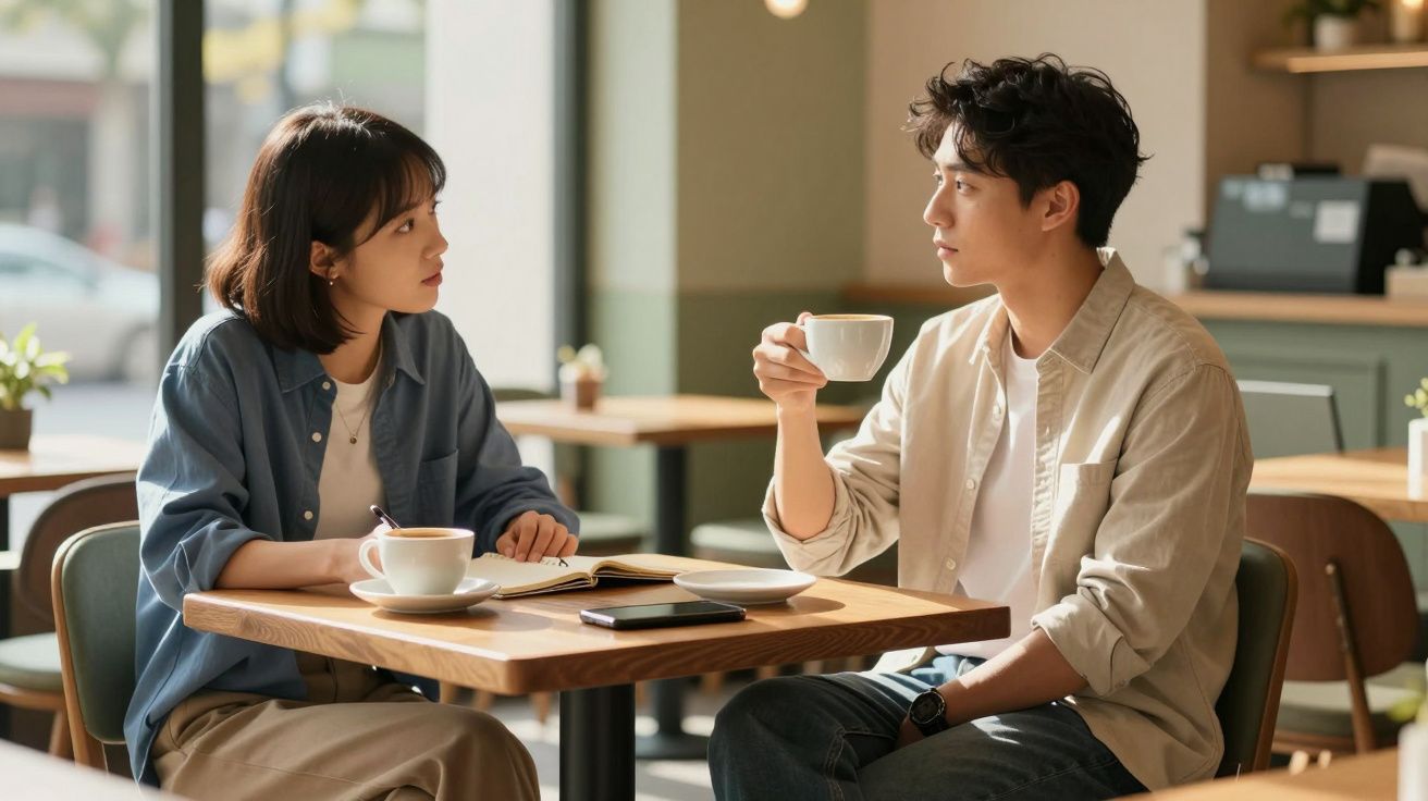 Casal sentado num café, ela a escrever num caderno e ele a beber de uma chávena, conversando atentamente.