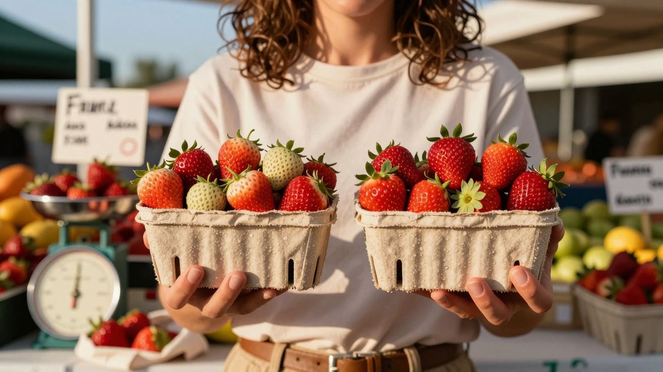 Pessoa segurando duas caixas de morangos frescos em mercado ao ar livre.