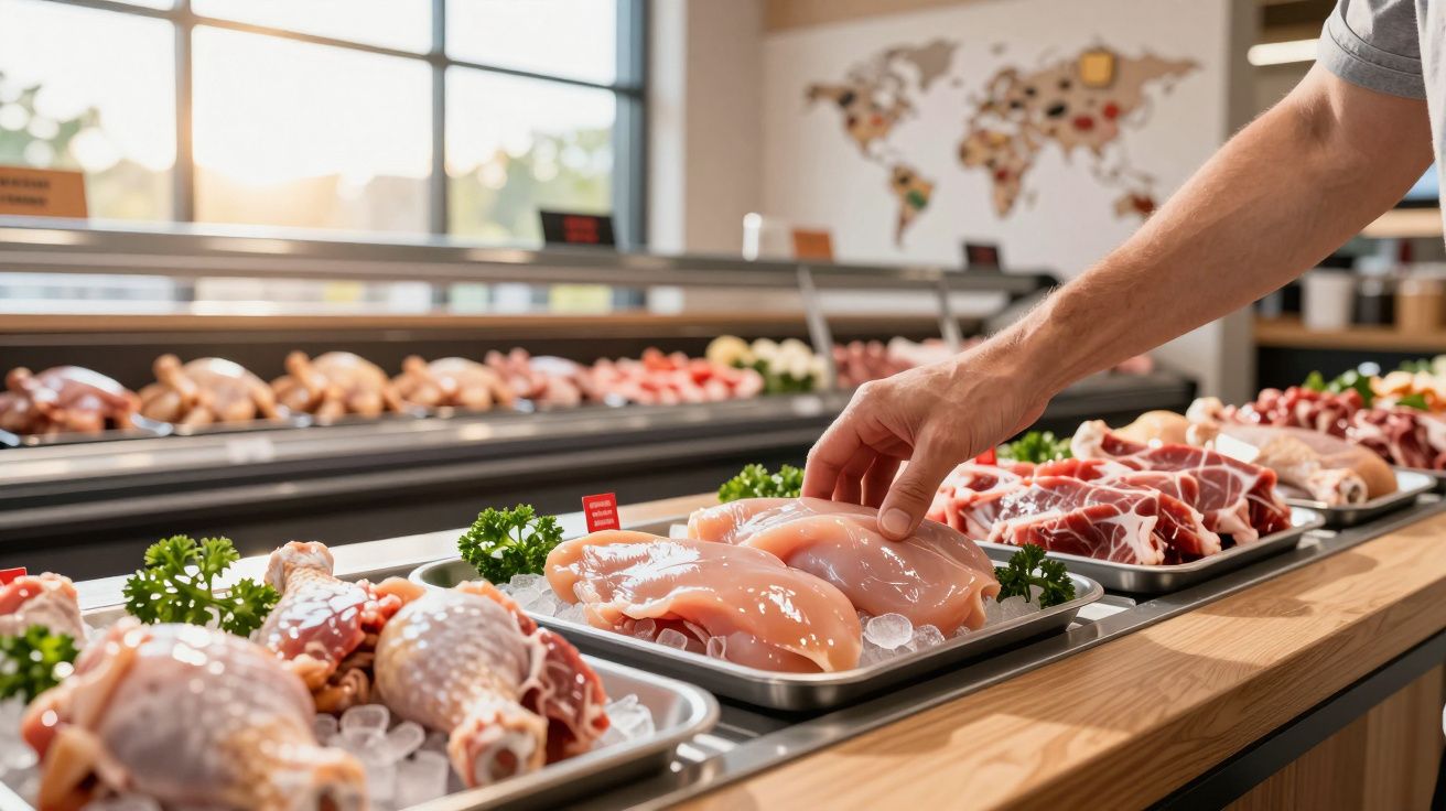 Mão de pessoa a tocar em peitos de frango frescos numa banca de carne num mercado iluminado.