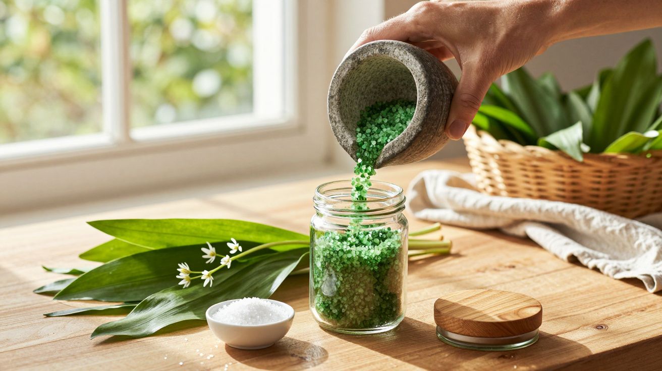 Mão a verter sais de banho verdes de almofariz para frasco de vidro numa mesa de madeira com folhas e flores.