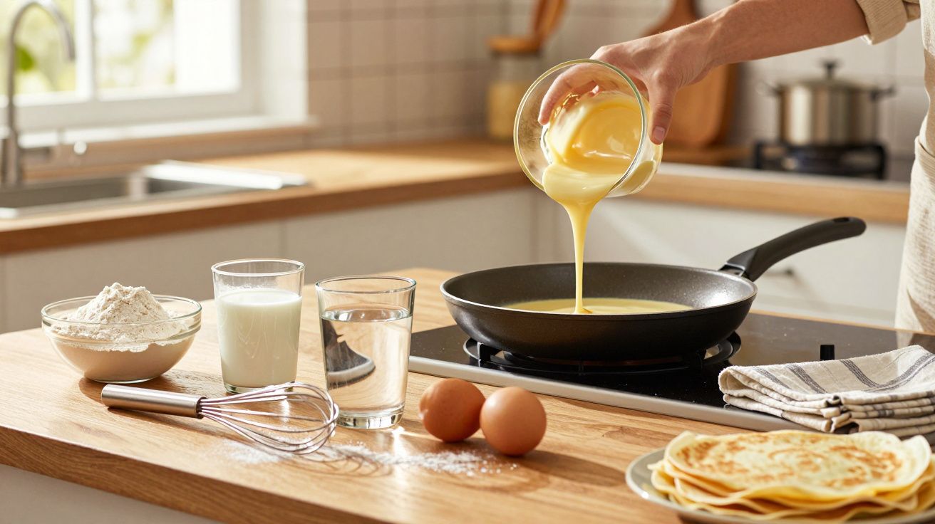 Pessoa a verter massa para frigideira com ingredientes para panquecas numa cozinha iluminada.