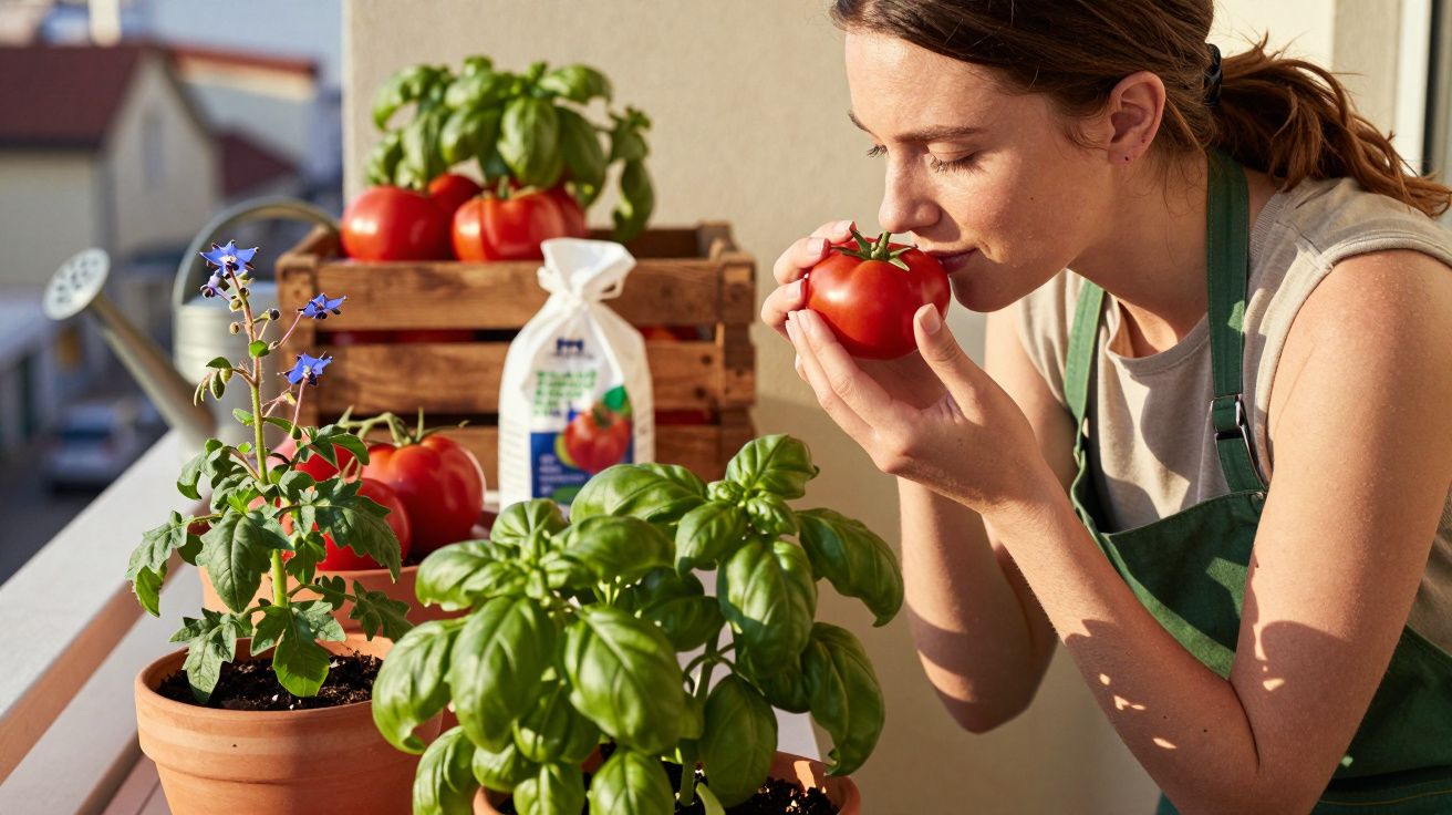 Mulher a cheirar um tomate fresco num jardim urbano com plantas e tomates em vasos e caixa de madeira.