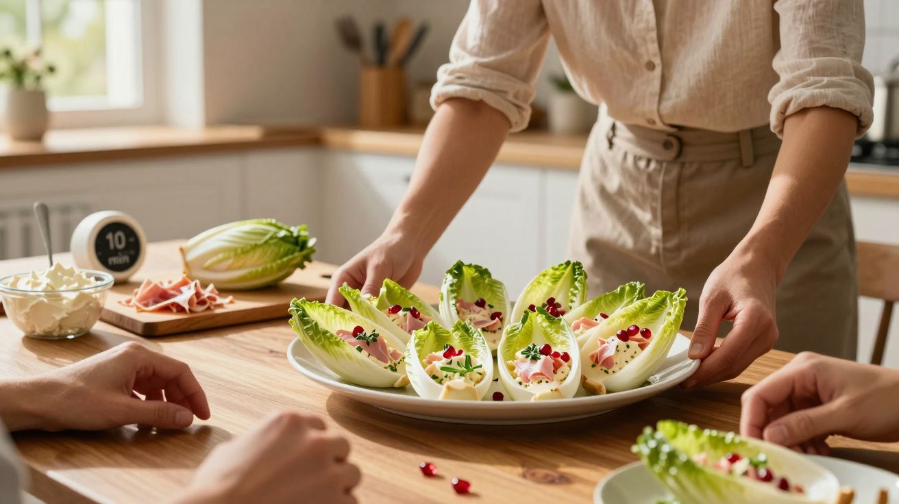 Pessoa a servir prato com folhas de alface recheadas com creme e sementes de romã numa mesa de madeira.