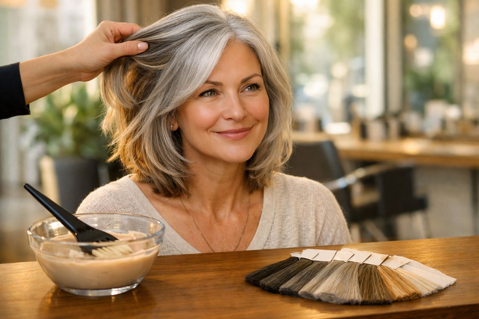 Mulher sorridente com cabelo grisalho sentada em salão de cabeleireiro a ser tratada.