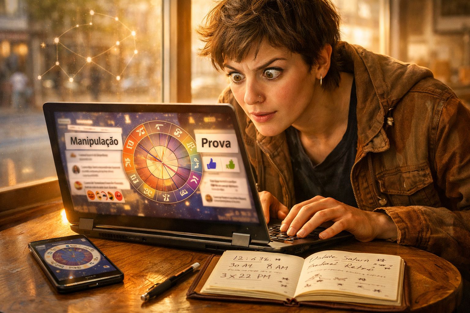 Mulher surpreendida a olhar para ecrã de computador com tema de astrologia, perto de caderno e smartphone na mesa.