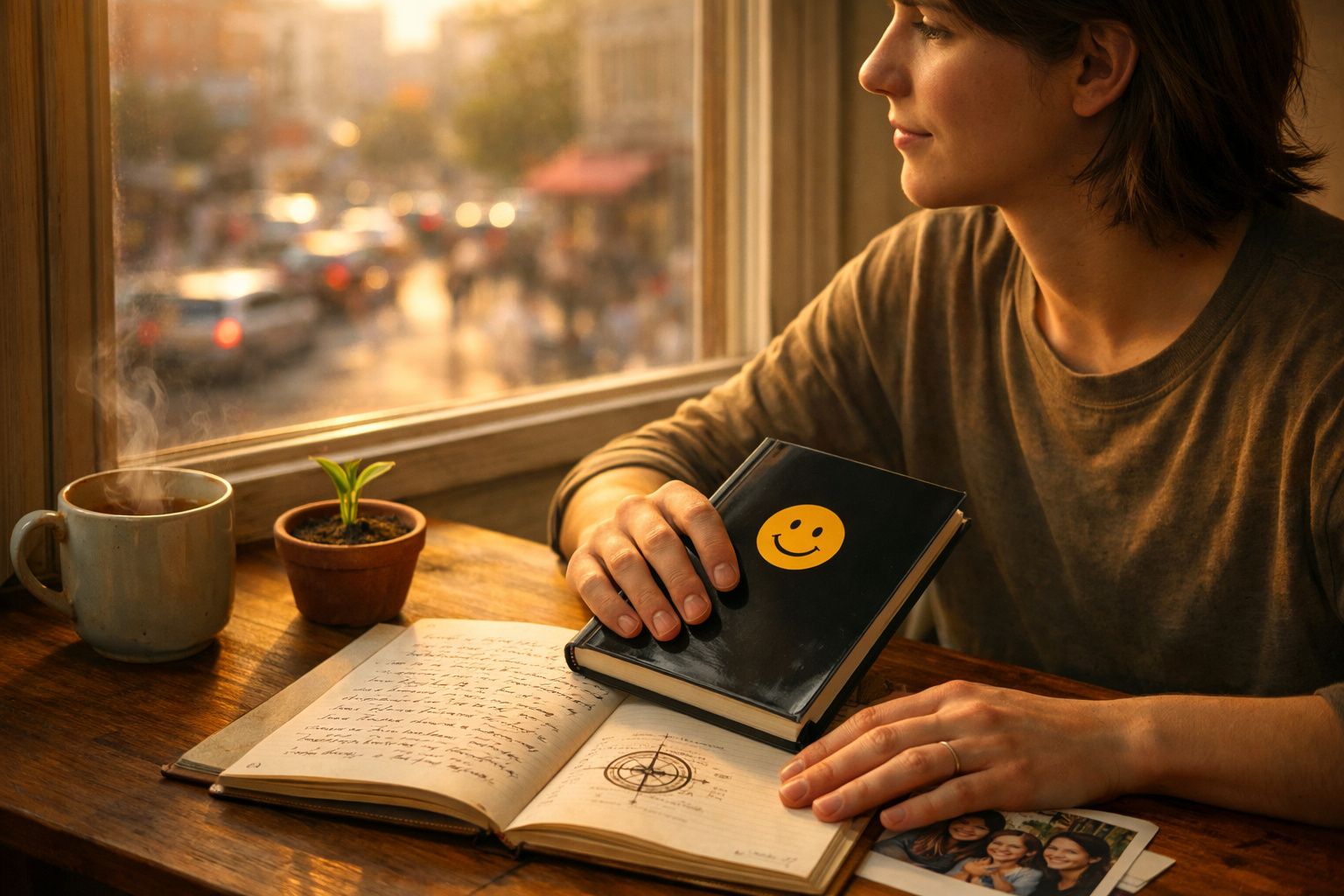 Pessoa sentada junto à janela com caderno aberto, segurando um livro com autocolante de smile amarelo.
